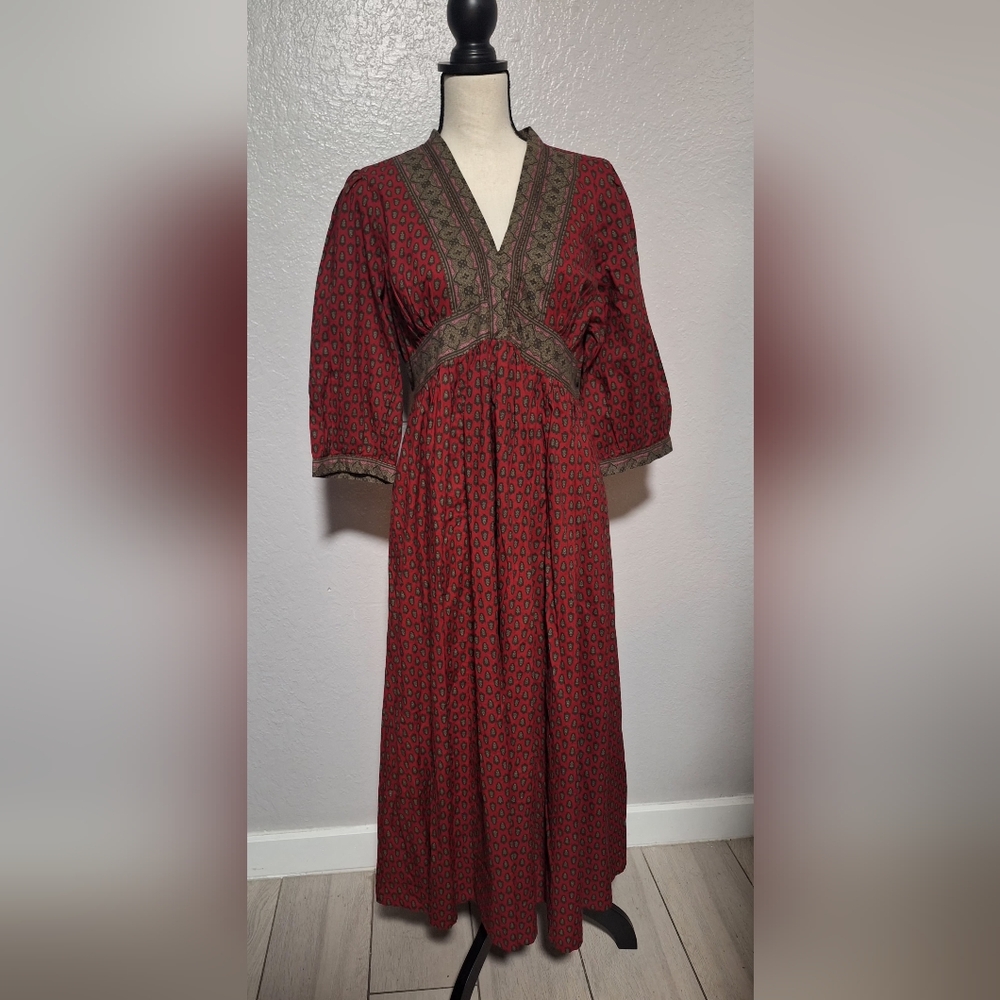 April Cornell 100% Cotton 3/4 Sleeve Red Brown Midi Peasant Cottagecore Dress S